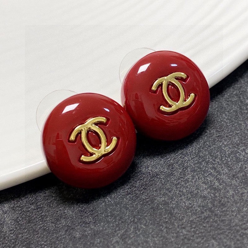 Chanel Wine Red Round 18K Gold Earrings