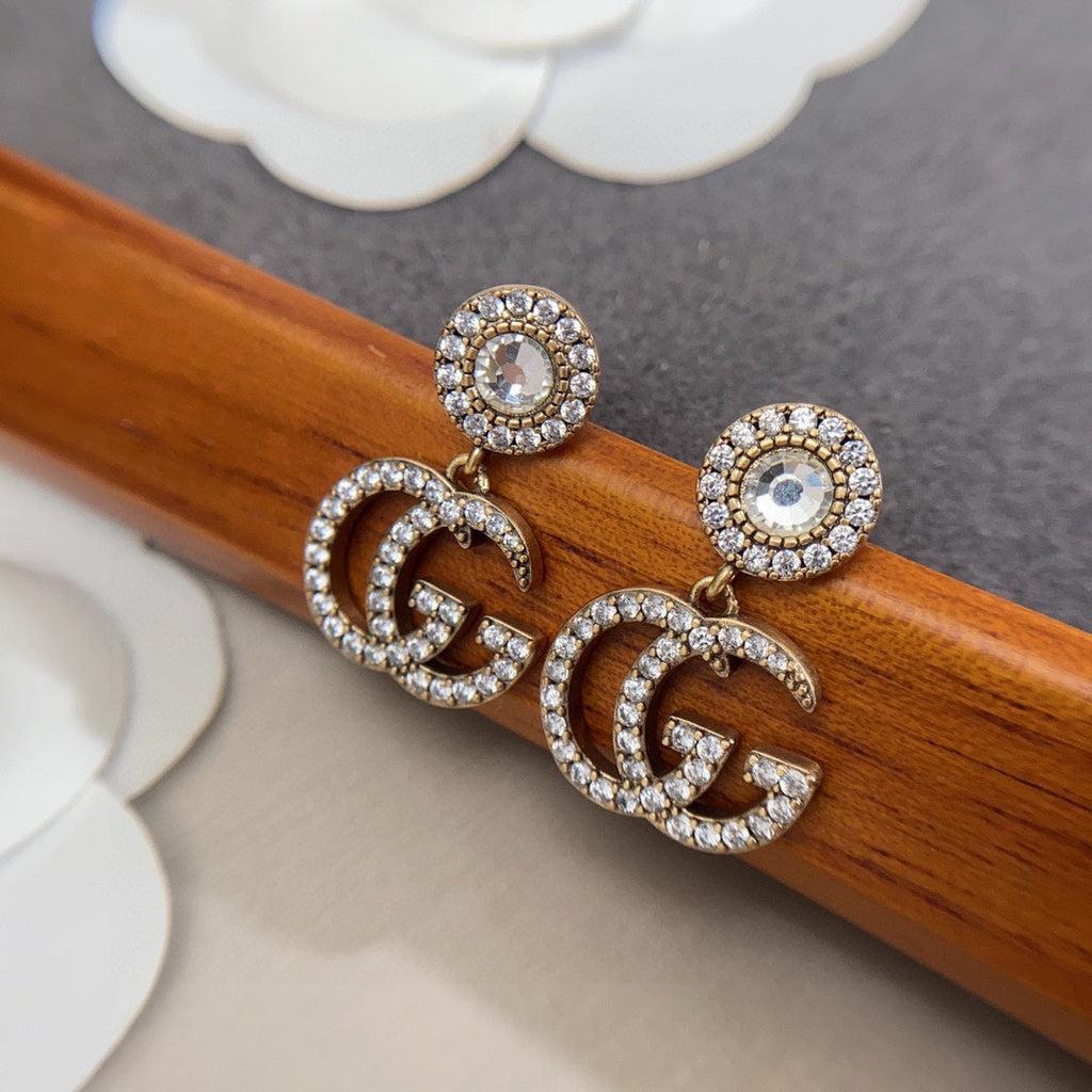 Gucci Double Crystal Pendant 18K Gold Earrings
