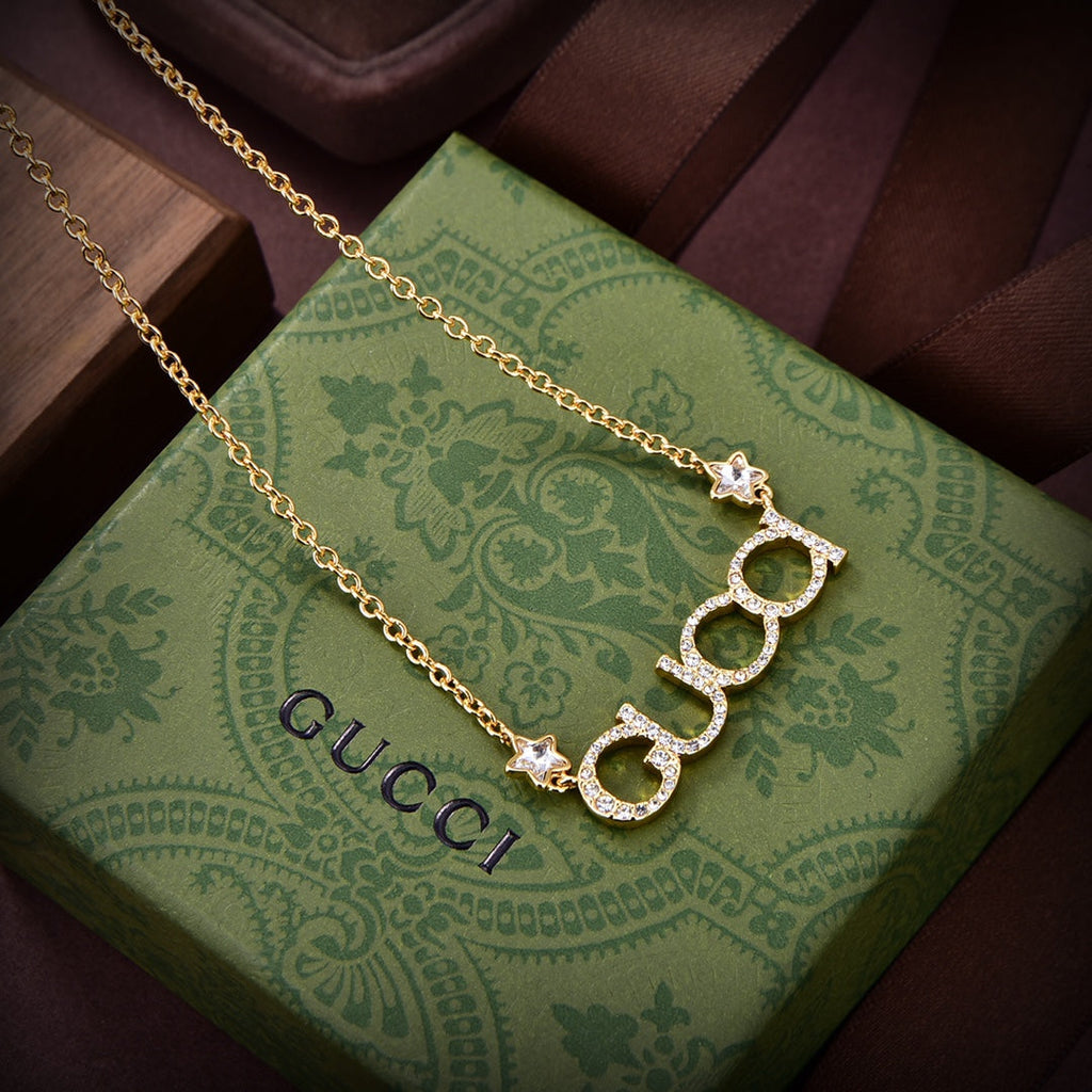 Gucci Double Embellished Script Letter 18K Gold Necklace