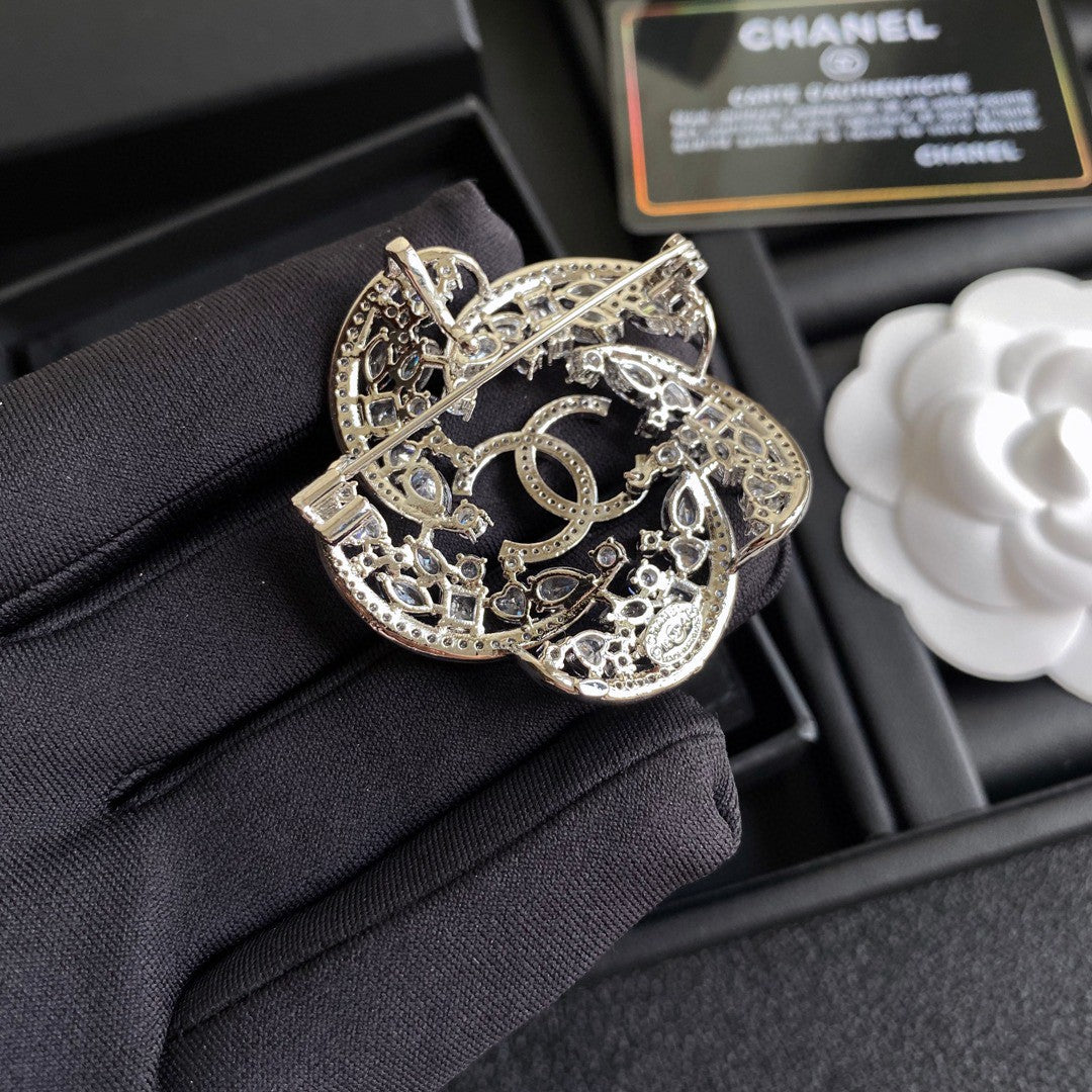 Chanel Camellia Crystals 18K Gold Brooch