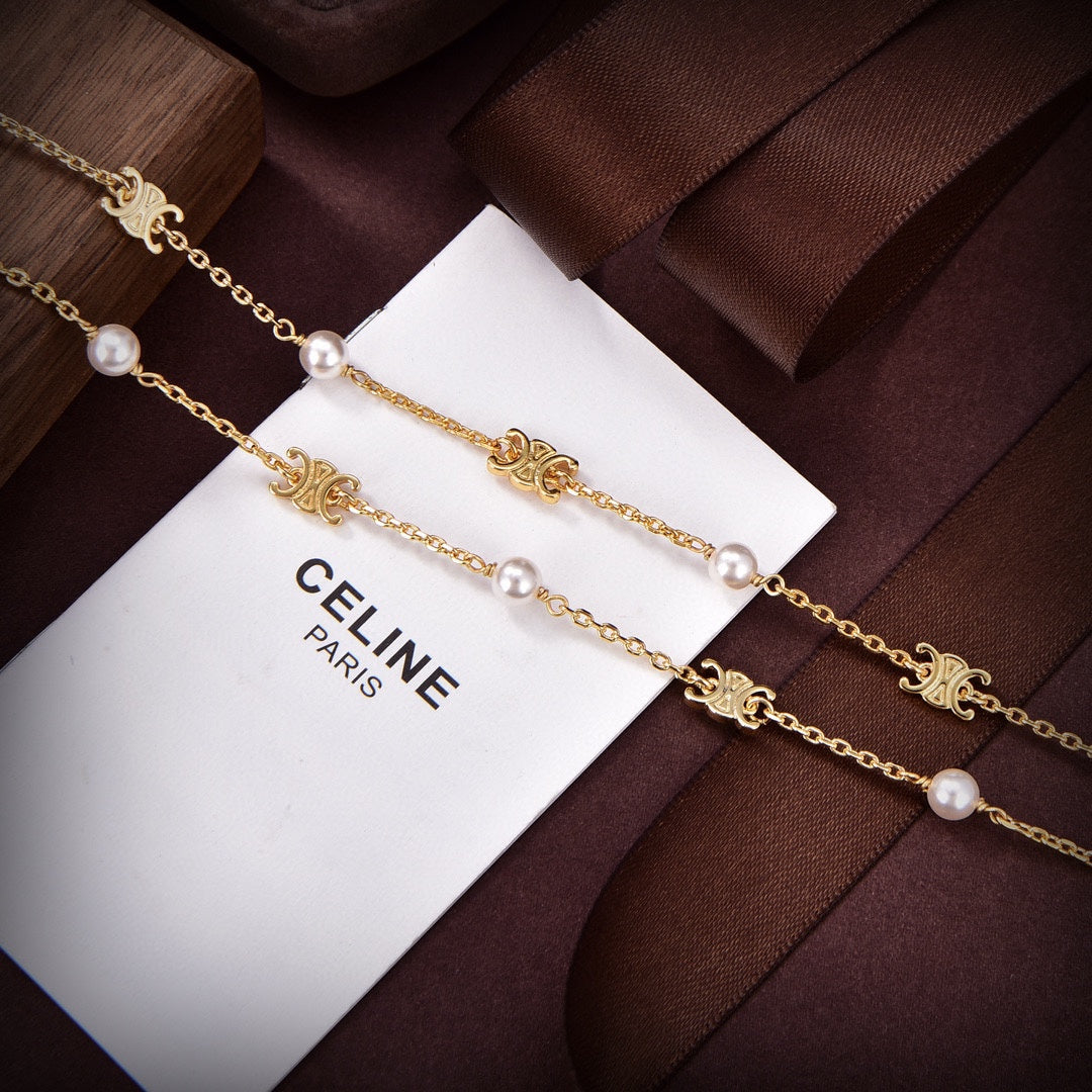 Celine Pearl Double 18K Gold Necklace