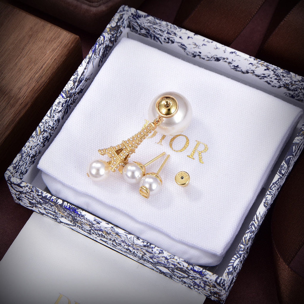 Dior Tribales Eiffel Tower Charm White Pearls 18K Gold Earrings