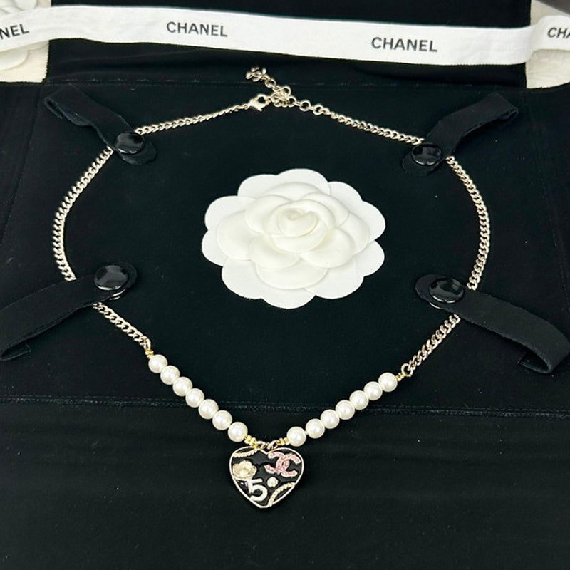 Chanel Pink & Black Heart Pearl 18K Gold Necklace