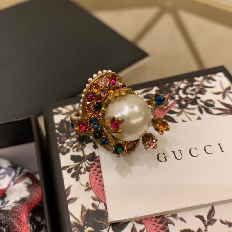 Gucci Double Multistone Pearl 18K Gold Ring