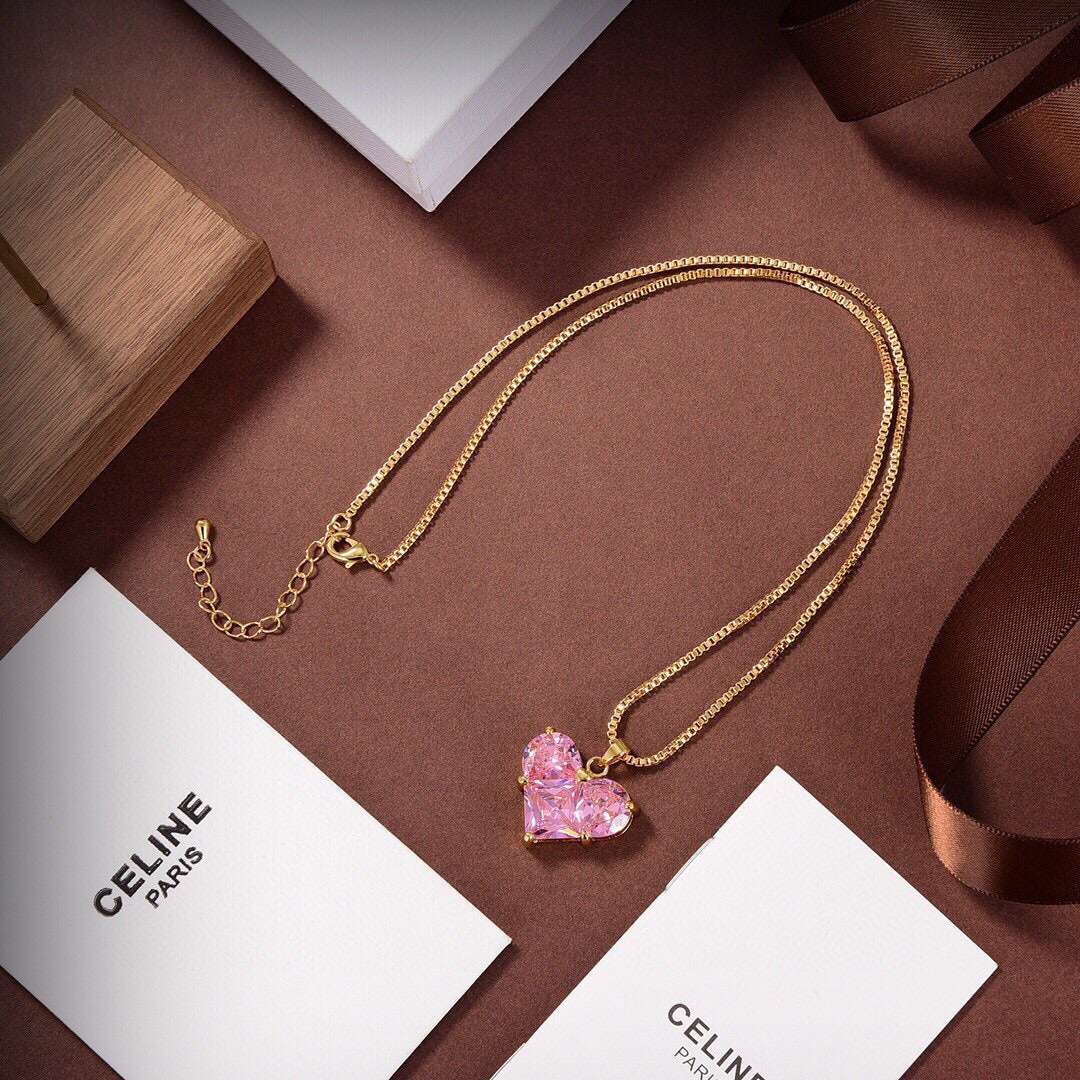 Celine Pink Heart Crystal 18K Gold Necklace