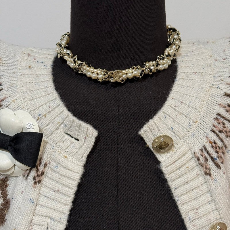 Chanel Pearl Leather Choker 18K Gold Necklace