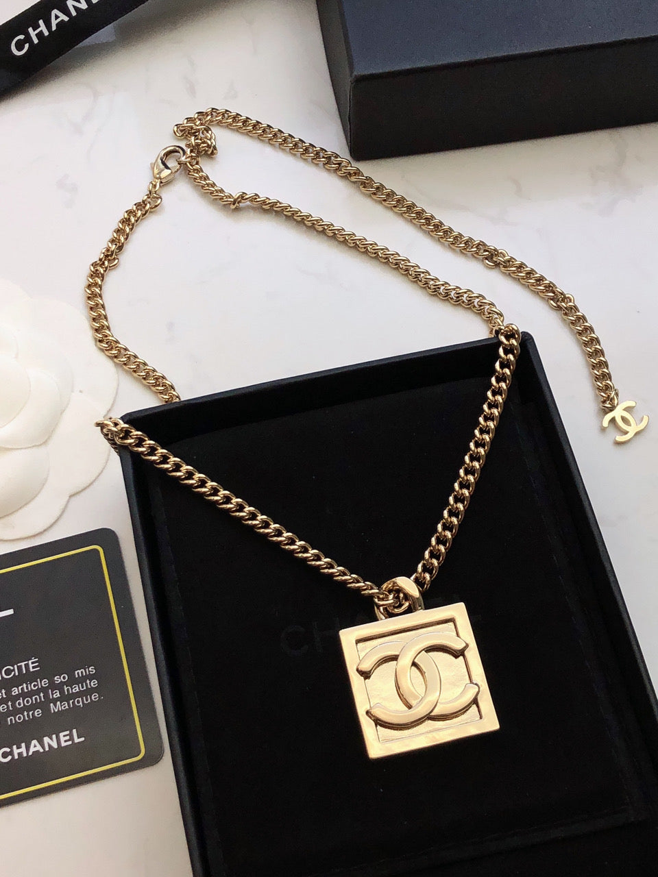 Chanel Square Logo 18K Gold Necklace