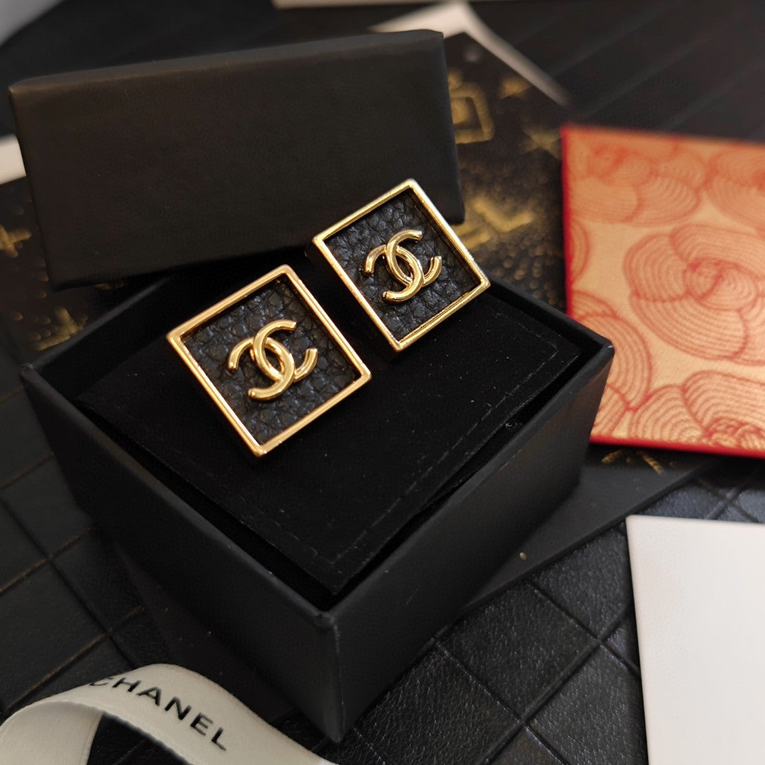 Chanel Black Square 18K Gold Earrings
