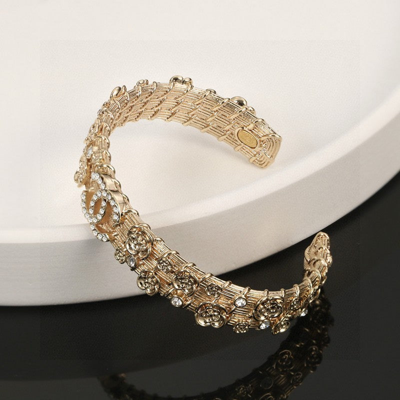 Chanel Flower Diamond Cuff 18K Gold Bracelet