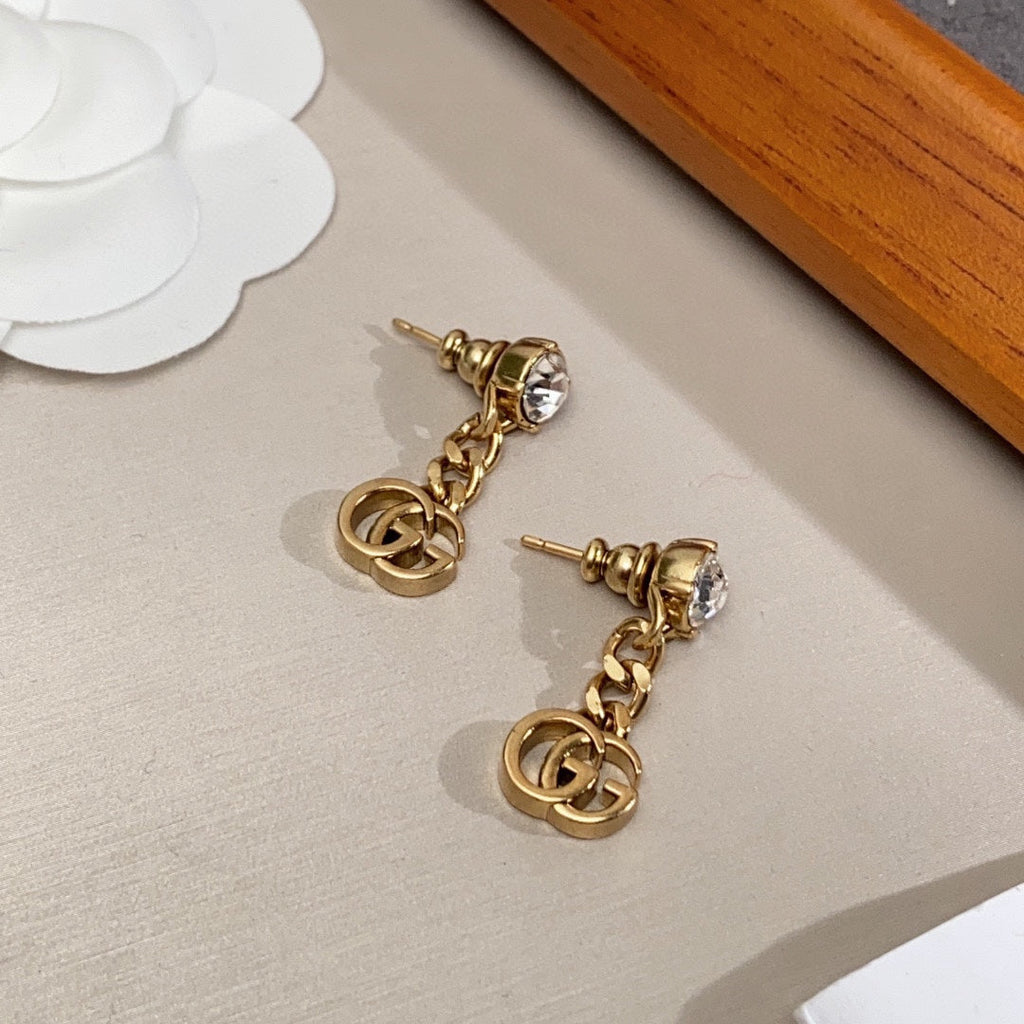 Gucci Double Crystal Chain 18K Gold Earrings