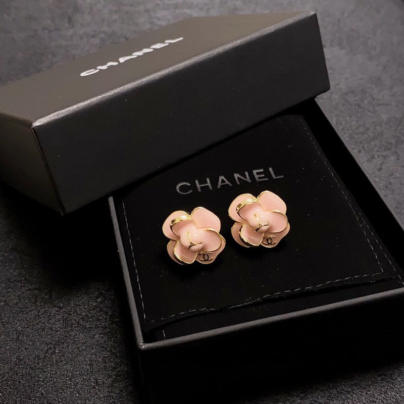 Chanel Red & Pink Camellia 18K Gold Earrings
