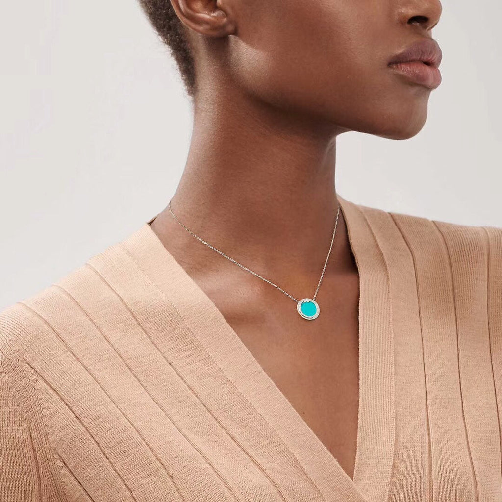 Tiffany Diamond & Turquoise Circle Pendant 18K Gold Necklace