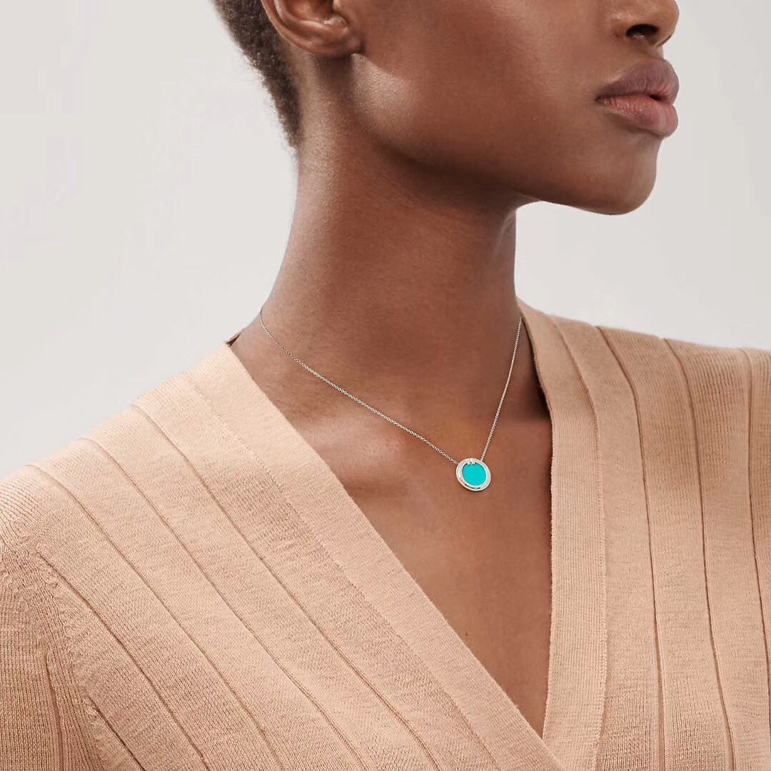 Tiffany Diamond & Turquoise Circle Pendant 18K Gold Necklace