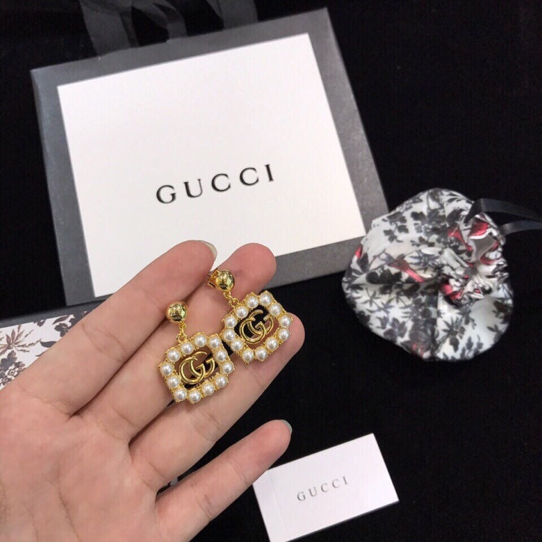 Gucci Double Square Pearl 18K Gold Earrings
