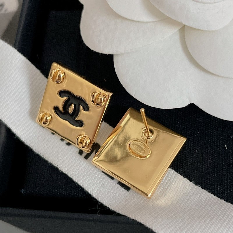 Chanel Black Gold Square 18K Gold Earrings