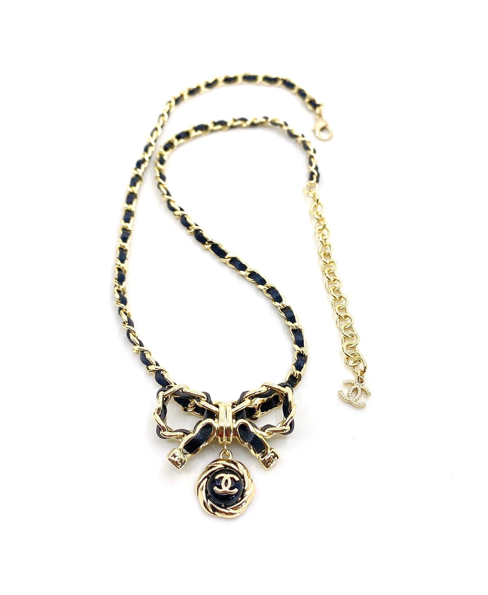 Chanel Rhinestone Bow Tie 18K Gold Necklace