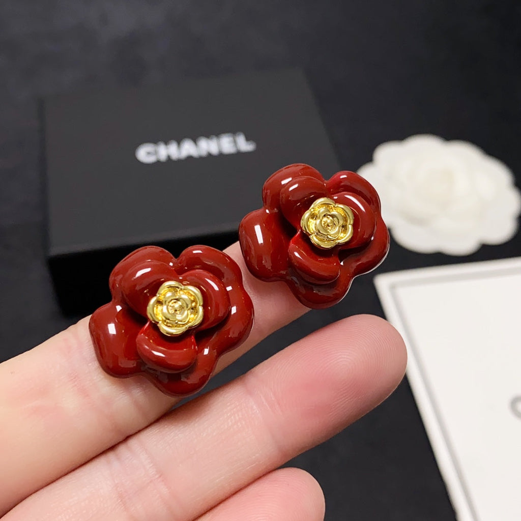 Chanel Red Camellia Resin 18K Gold Earrings