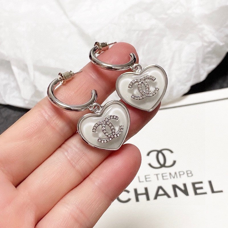 Chanel White Heart 18K Gold Earrings