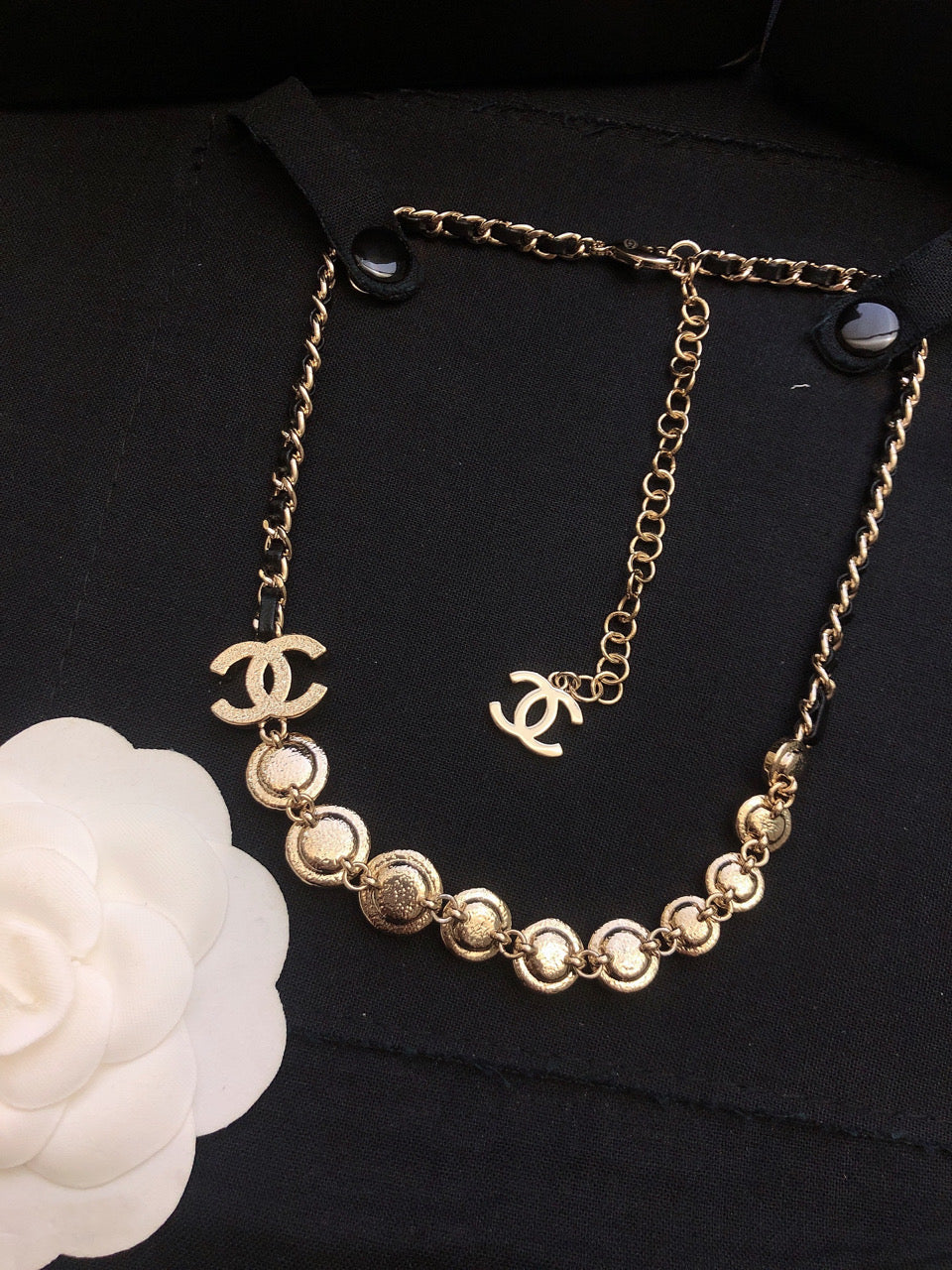 Chanel Pink Crystals Leather 18K Gold Necklace