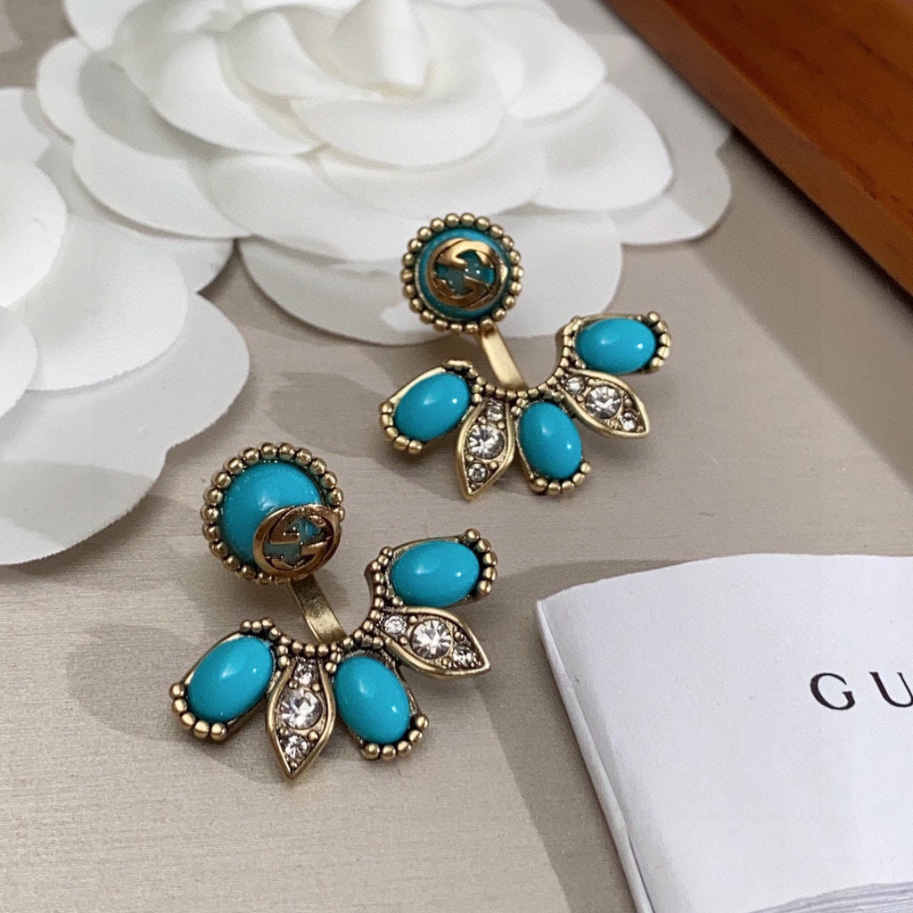 Gucci Double Blue Flowers 18K Gold Earrings