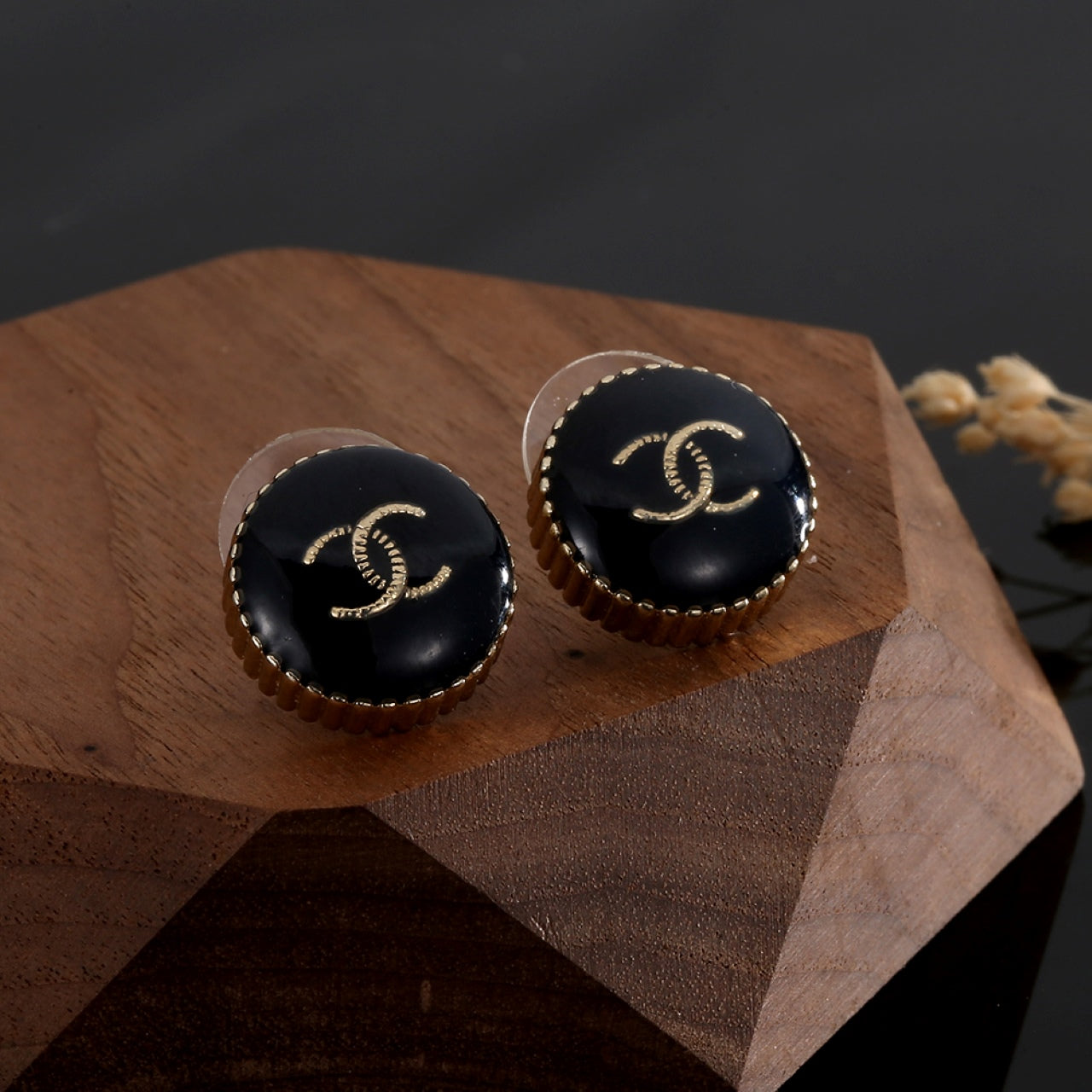Chanel Circle Black Resin 18K Gold Earrings