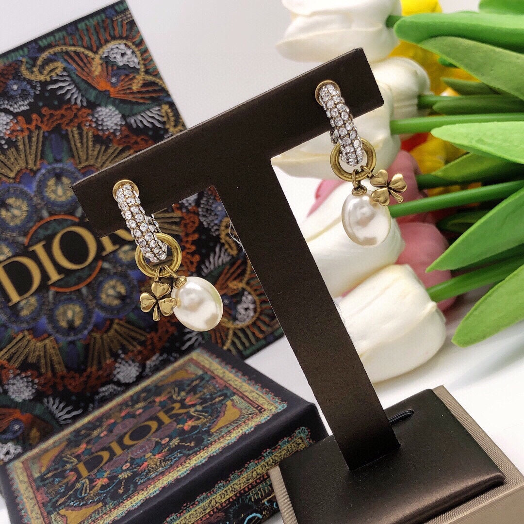 Dior March Grass Pearl Crystals 18K Gold Earrings