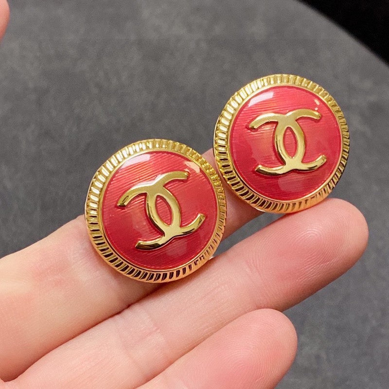 Chanel Red Round 18K Gold Earrings