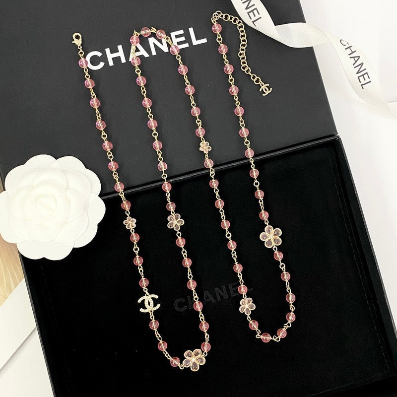 Chanel 26C Pink Crystal Long 18K Gold Necklace