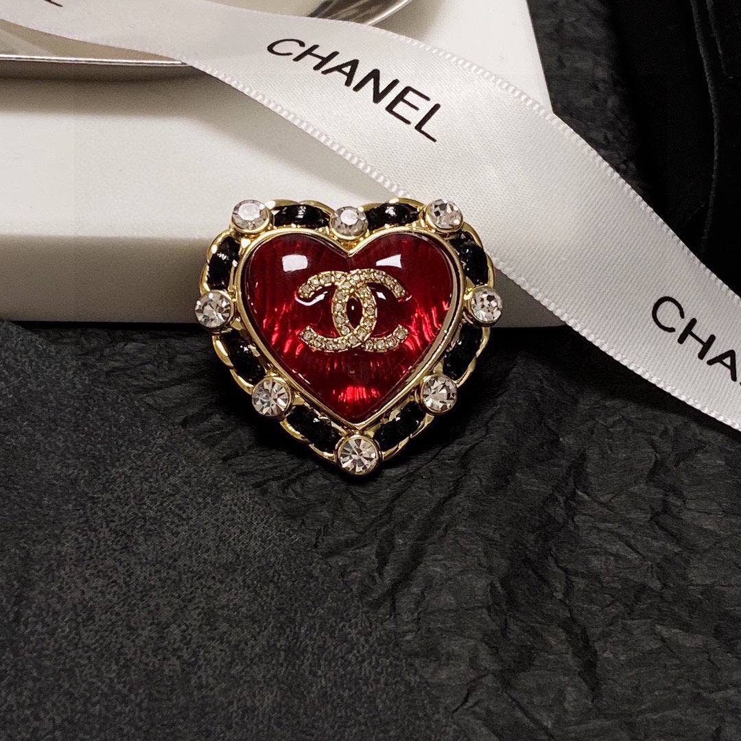 Chanel Red Crystal Heart 18K Gold Brooch