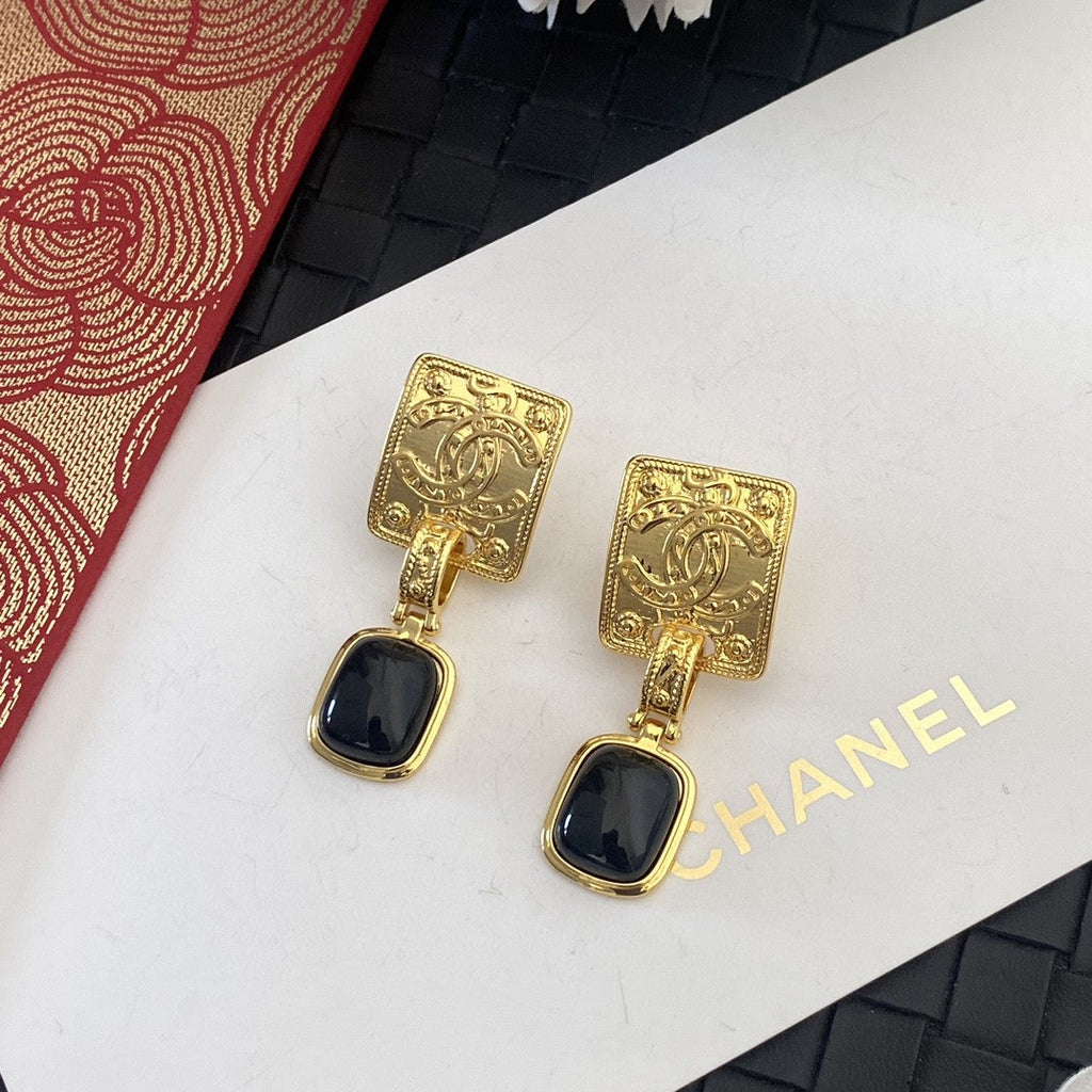 Chanel Black Crystal 18K Gold Earrings