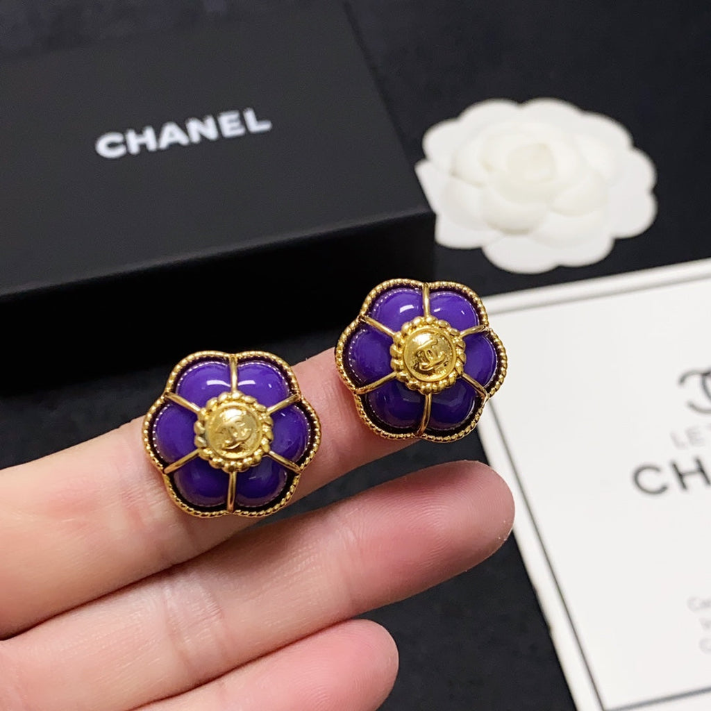 Chanel Purple Flowers 18K Gold Earrings