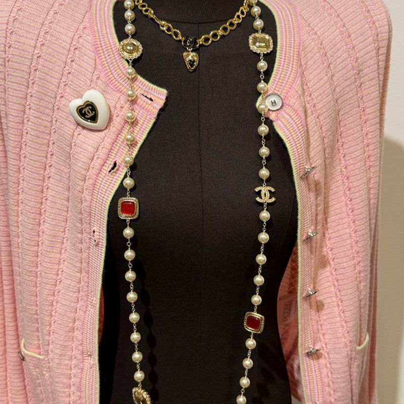 Chanel Long Pearl Red Crystals 18K Gold Necklace