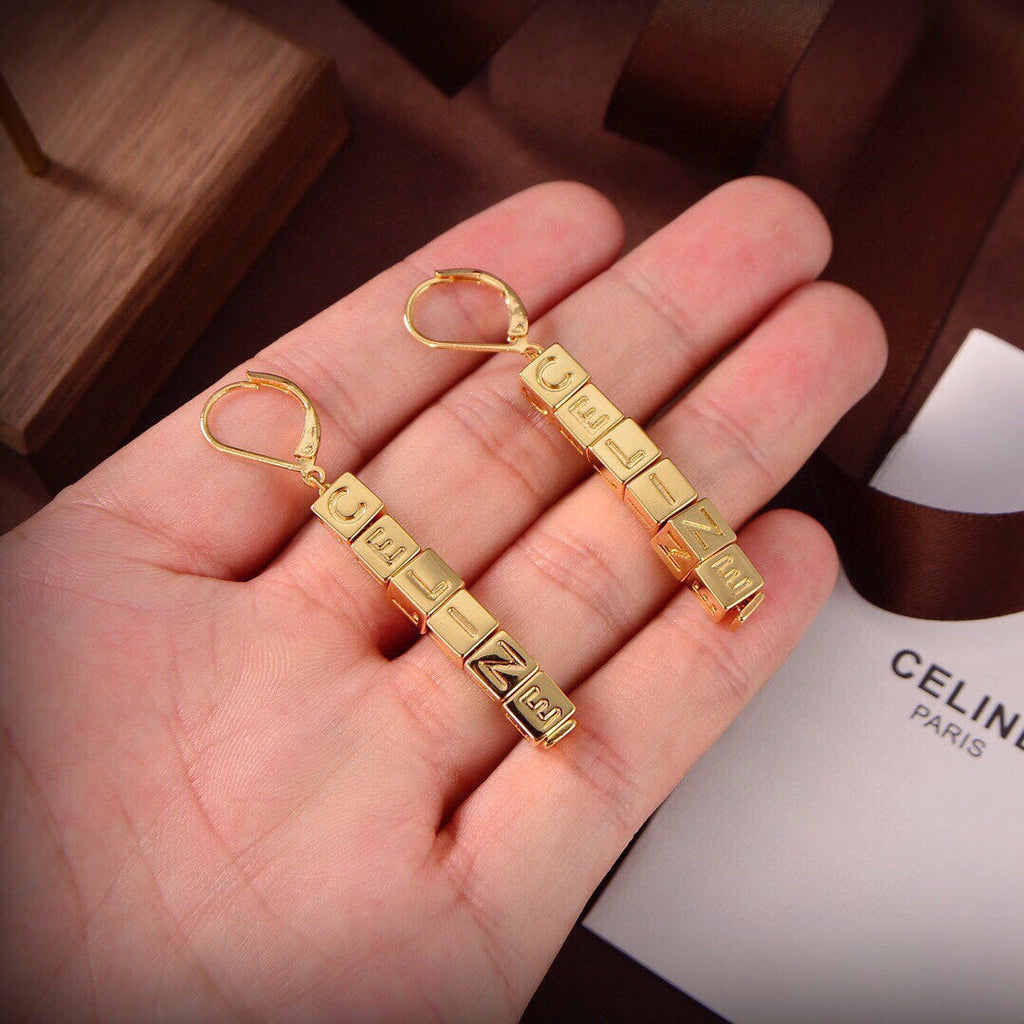 Celine Script Cube 18K Gold Earrings