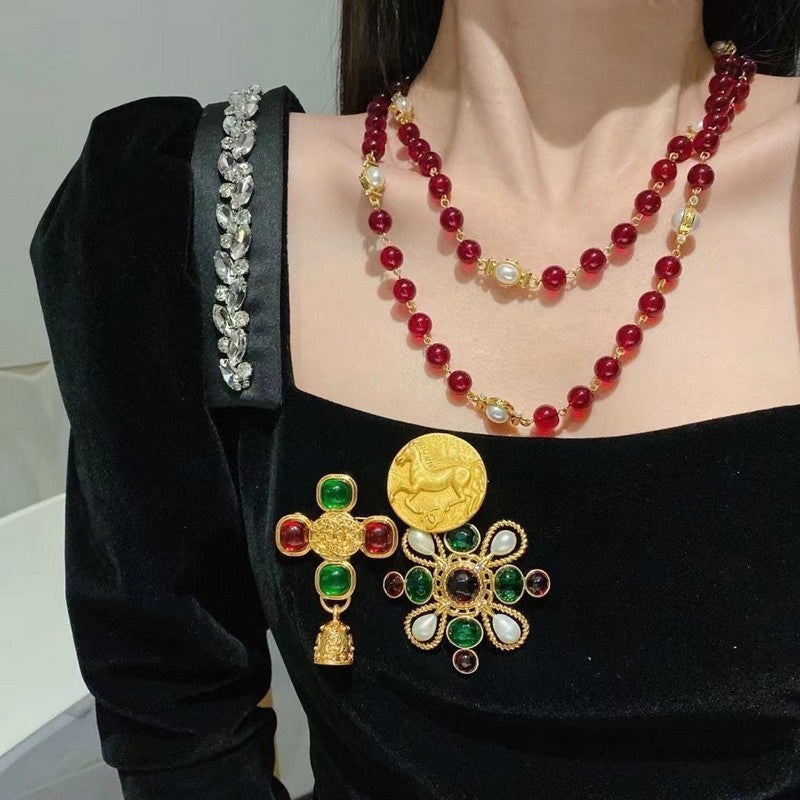 Chanel Long Red & White Pearls 18K Gold Necklace