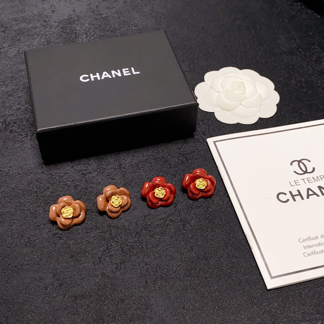 Chanel Red Camellia Resin 18K Gold Earrings