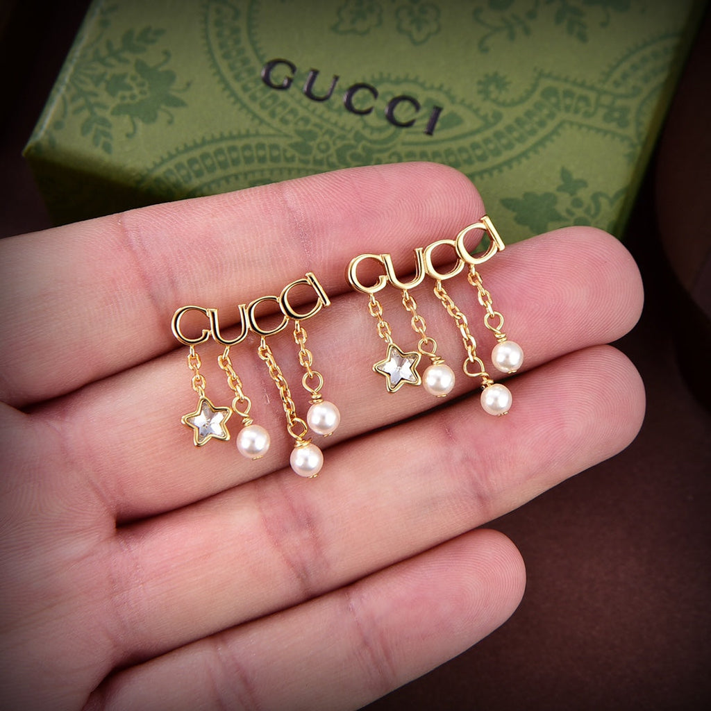 Gucci Double Script Pearl 18K Gold Earrings
