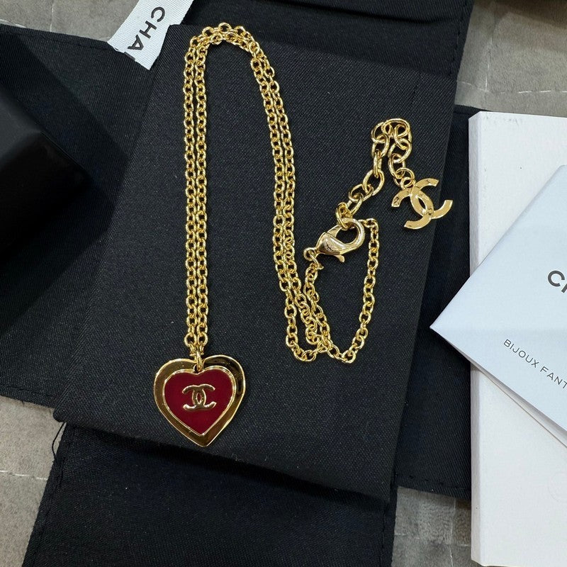 Chanel Black & Red Heart Gold 18K Gold Necklace