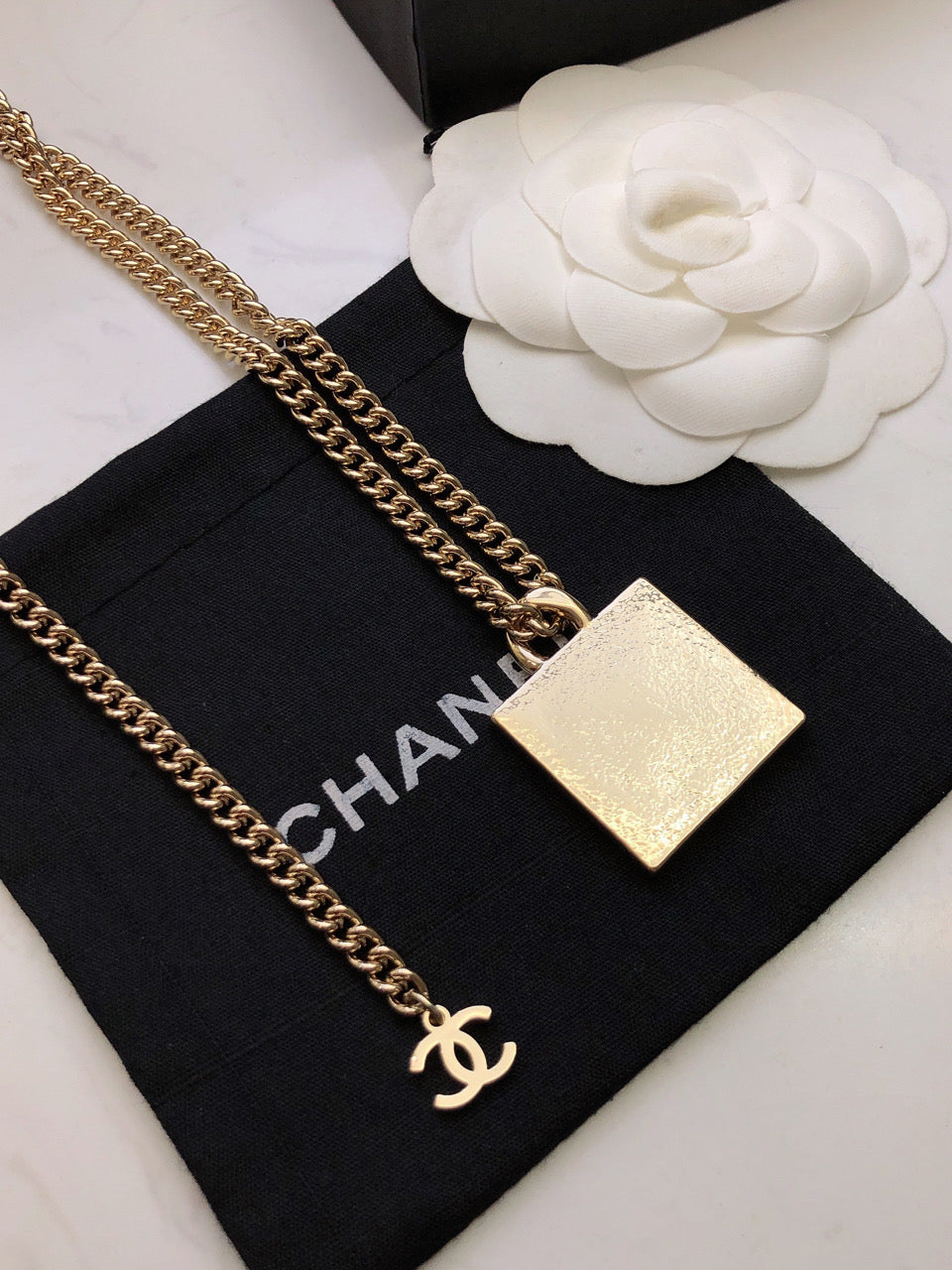 Chanel Square Logo 18K Gold Necklace