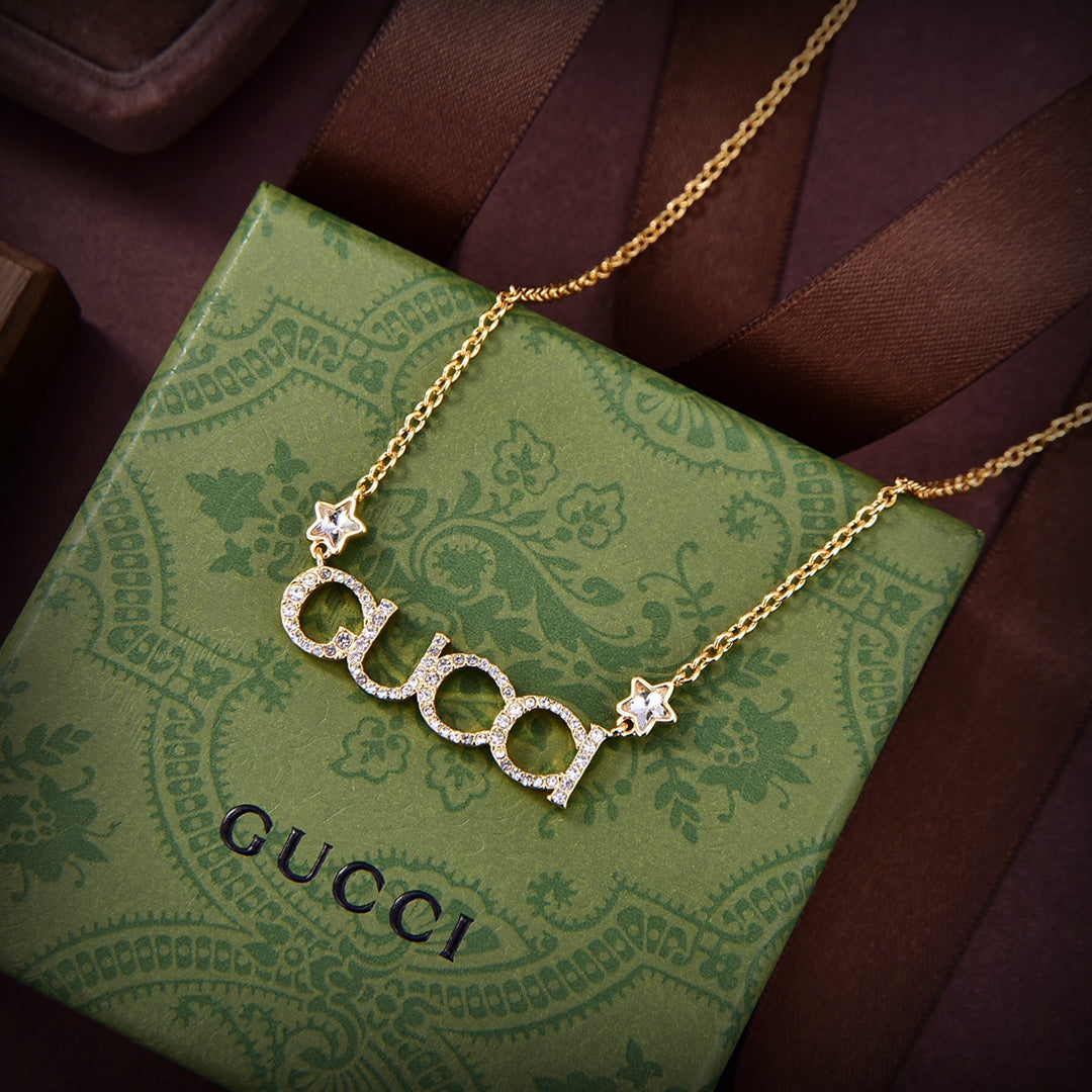 Gucci Double Embellished Script Letter 18K Gold Necklace