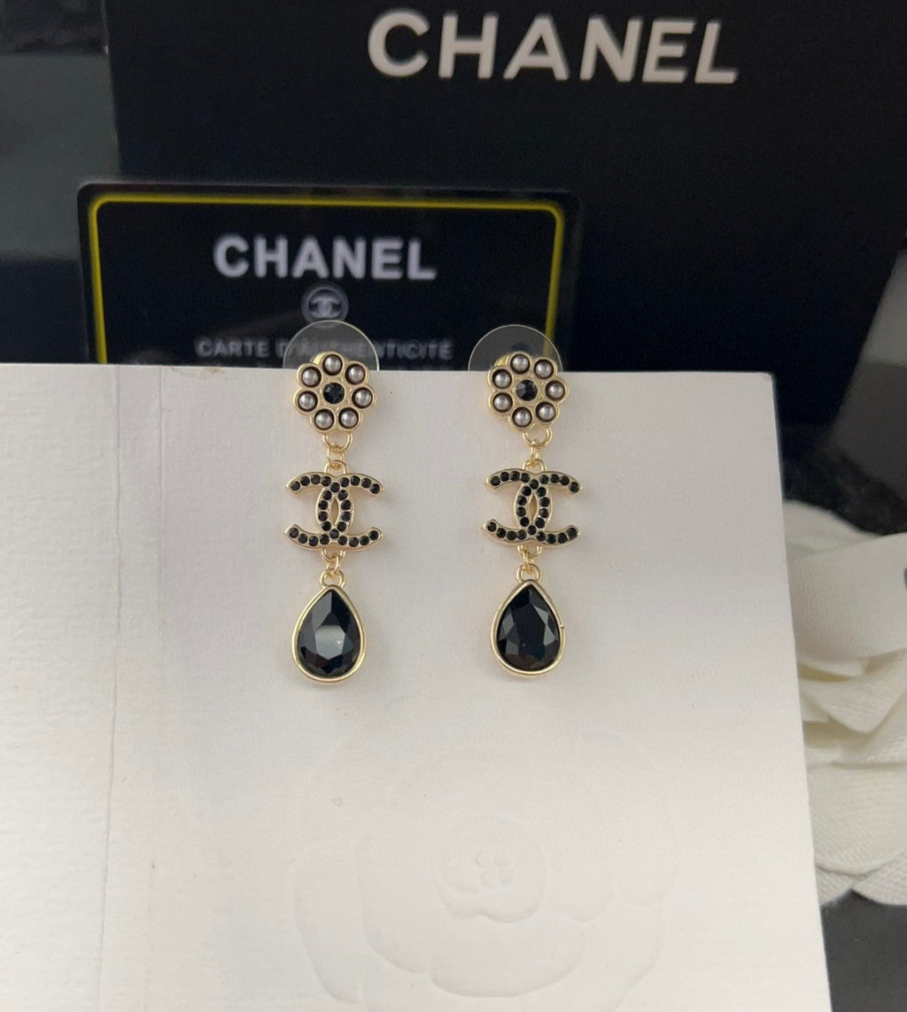 Chanel Black Crystals 18K Gold Earrings
