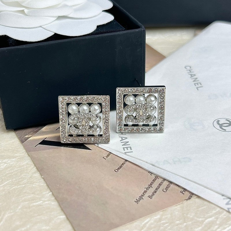 Chanel Diamond & Pearl Square 18K Gold Earrings