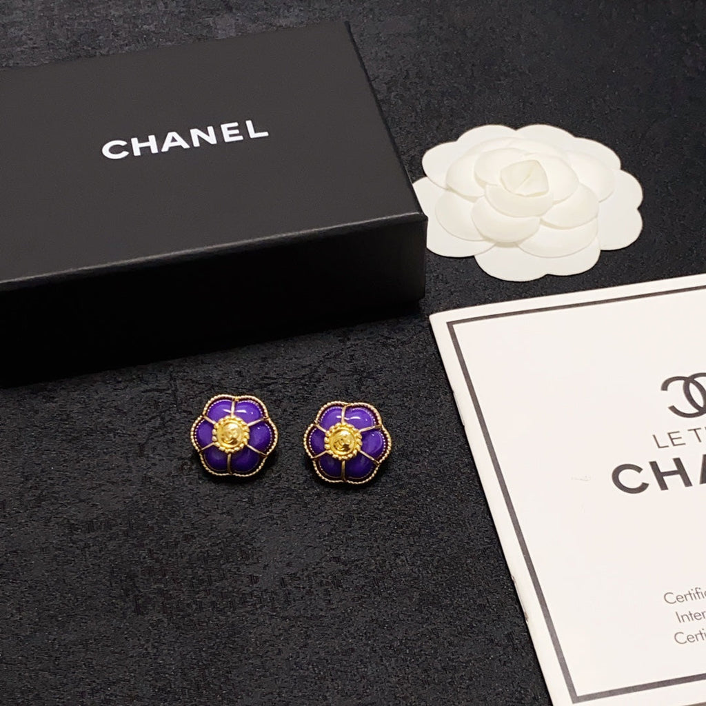 Chanel Purple Flowers 18K Gold Earrings