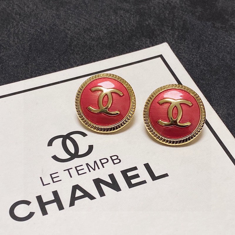 Chanel Pink Round 18K Gold Earrings