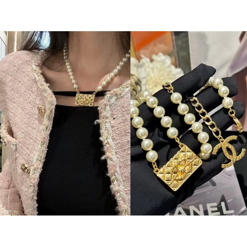 Chanel Pearl Bag Pendant 18K Gold Necklace