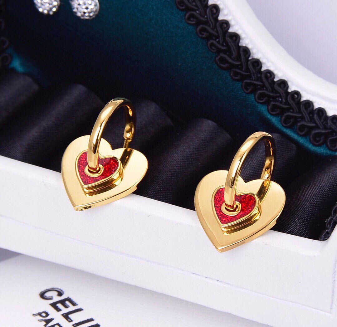 Celine Red Heart 18K Gold Earrings