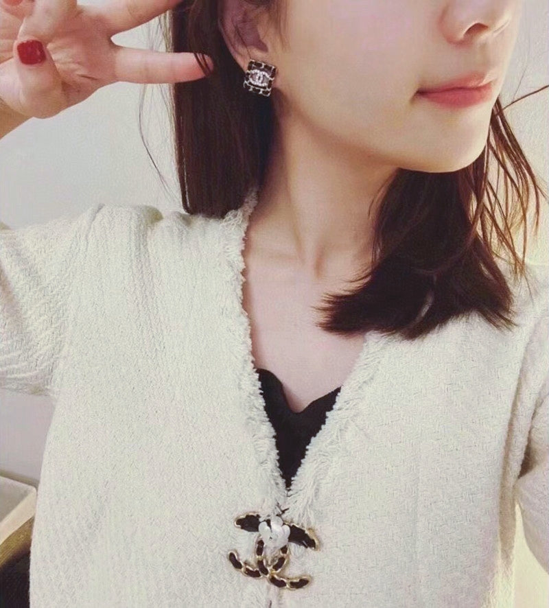 Chanel Square Leather 18K Gold Earrings