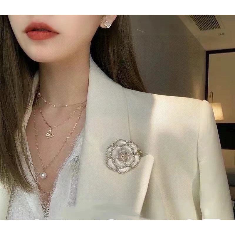 Chanel Camellia Black & White 18K Gold Brooch