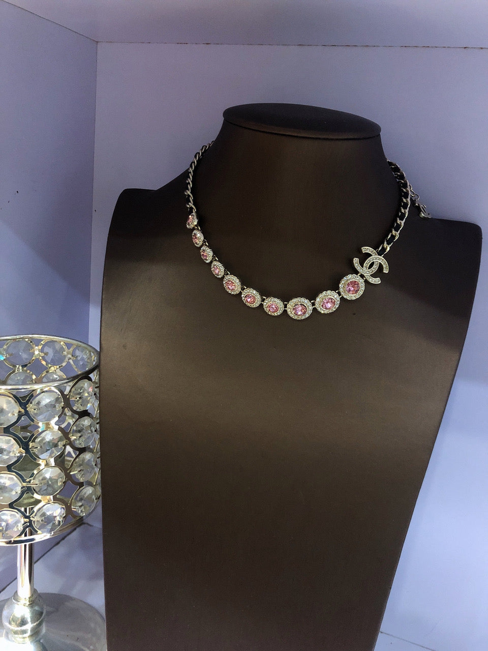 Chanel Pink Crystals Leather 18K Gold Necklace