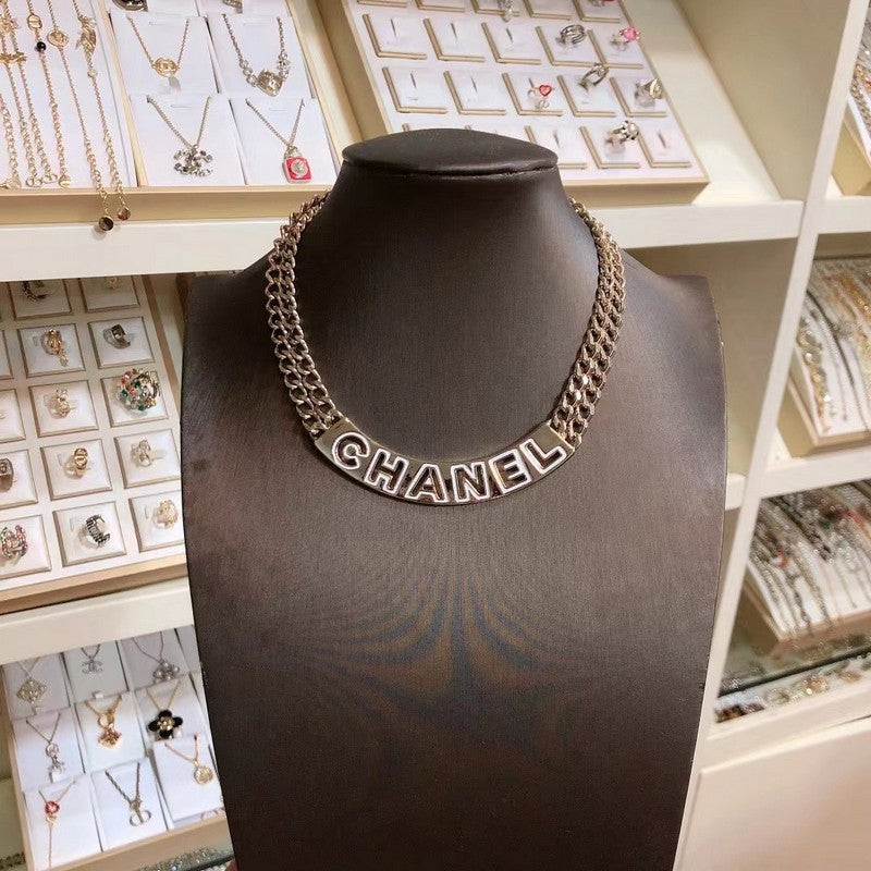Chanel White Logo Choker 18K Gold Necklace