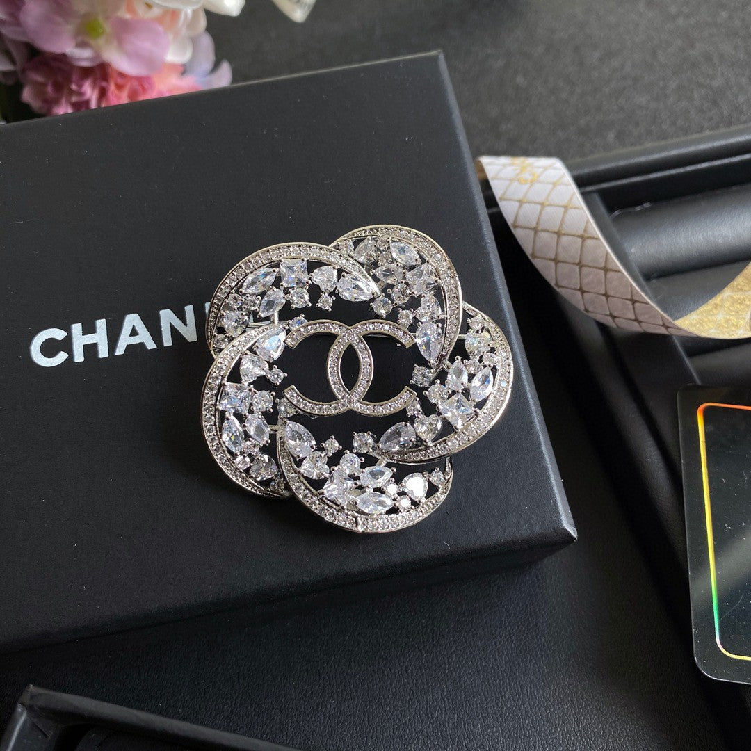 Chanel Camellia Crystals 18K Gold Brooch